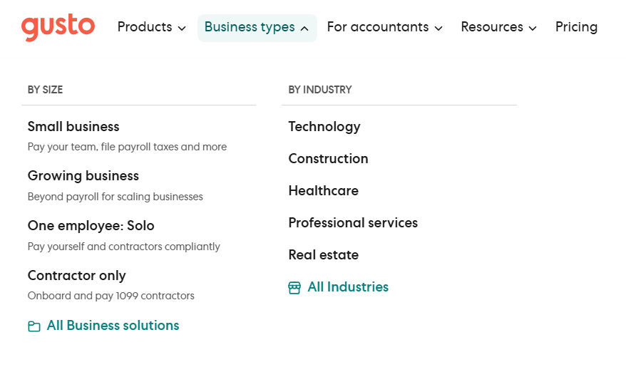 Gusto Business Types