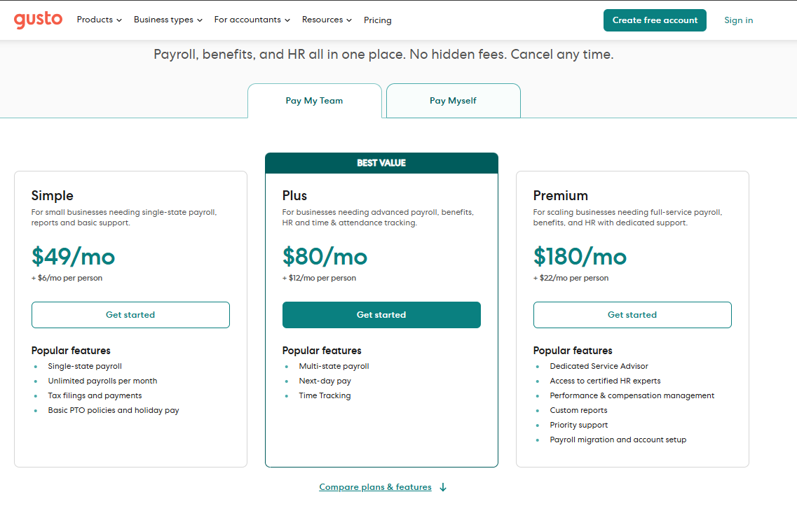 Gusto Pricing Plans